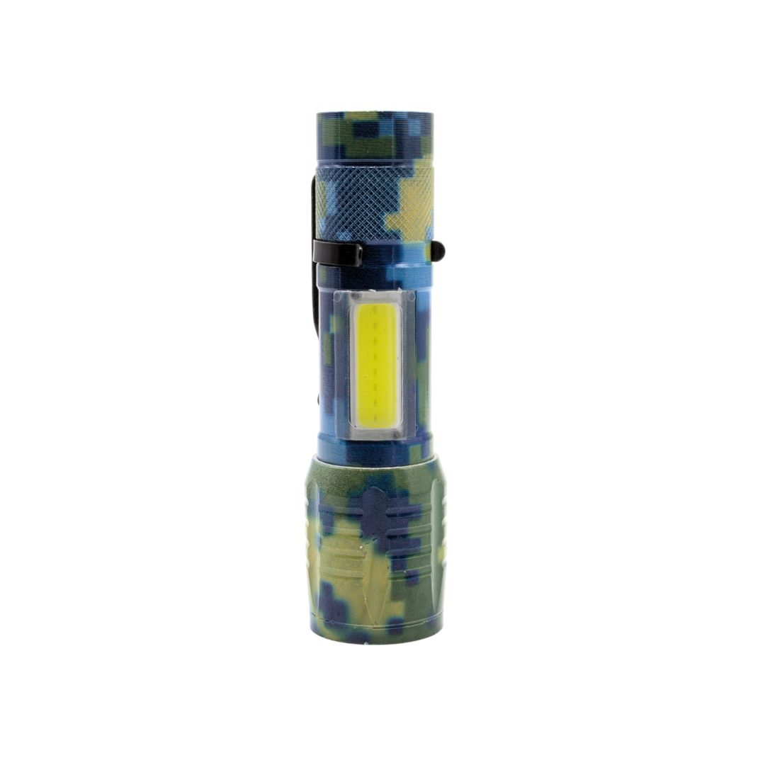 Linterna Táctica de Camuflaje Azul con Luz COB Lateral y Clip de Bolsillo